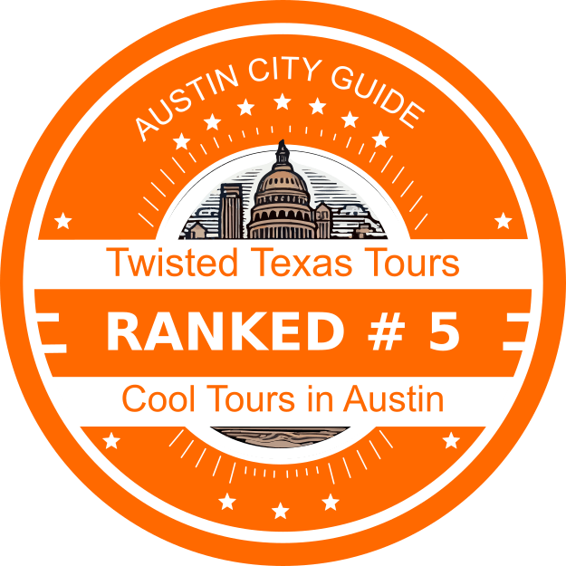 Orange badge for Twisted Texas Tours, ranked #5. Capitol building image.
