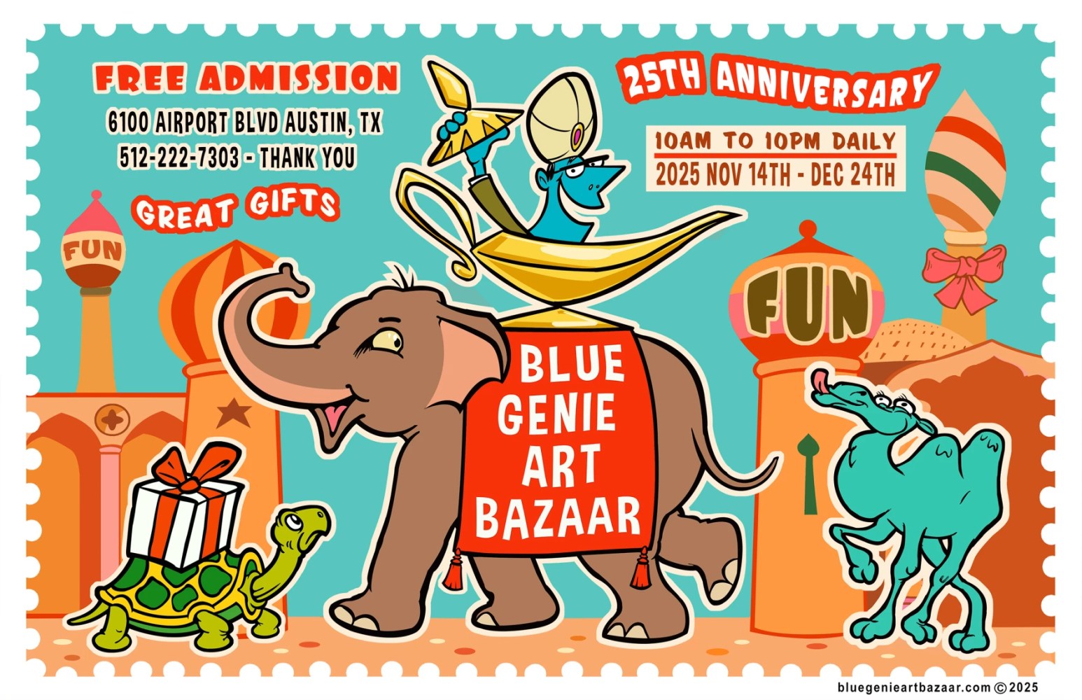 Colorful illustration of animals promoting Blue Genie Art Bazaar, featuring a genie, elephant, turtle, and camel.