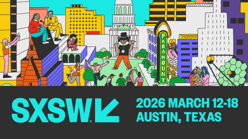 Colorful illustration of Austin skyline with SXSW 2026 dates March 12-18 at the bottom.