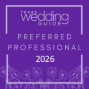Purple badge with 'Texas Wedding Guide Preferred Professional 2026' and floral border.