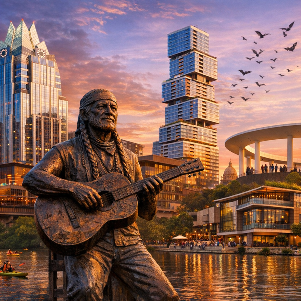 Statue of guitarist, modern buildings, and sunset with flying birds.