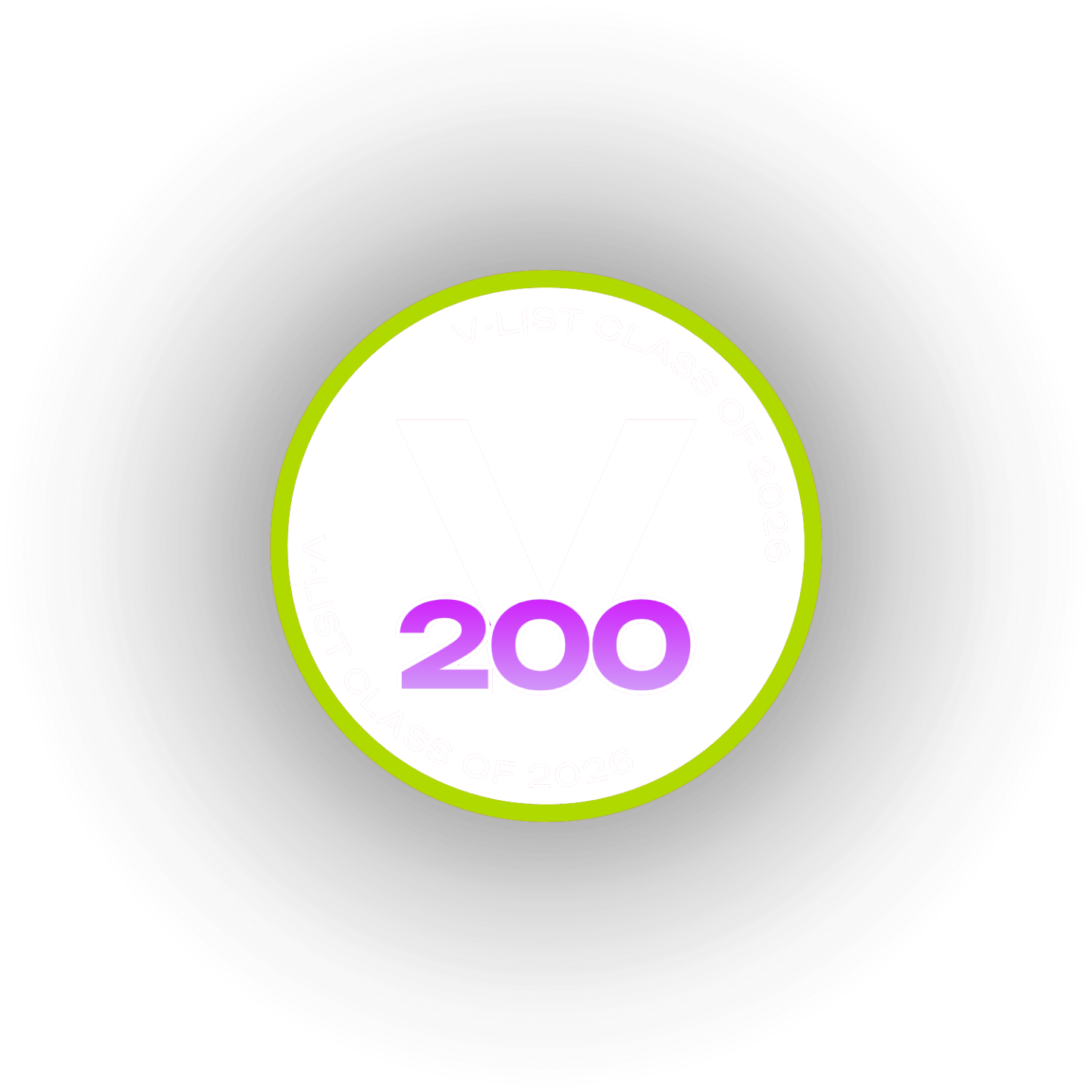 Circular badge with '200' in purple on a white background, surrounded by a yellow-green border.